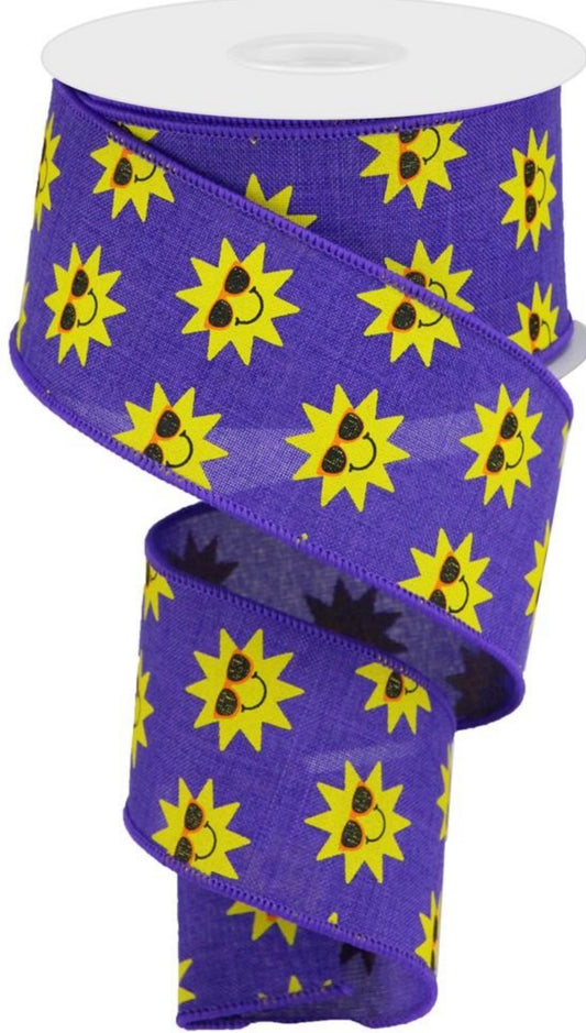 10 Yards - 2.5” Wired Purple Background Summer Sunshine Ribbon