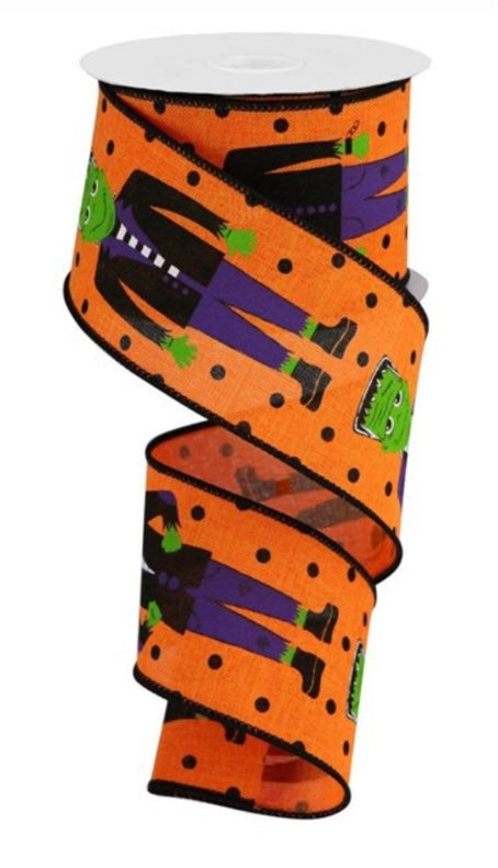 Wired Orange Frankenstein Halloween Ribbon -2.5”x10 Yards