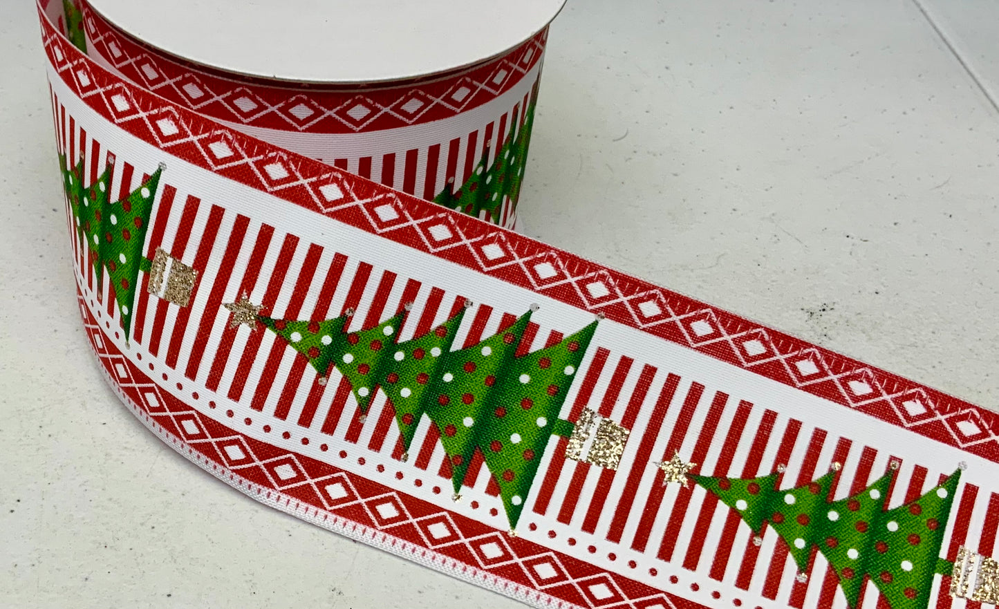 Wired Red and White Satin Christmas Tree Ribbon- 2.5”x10 Yards