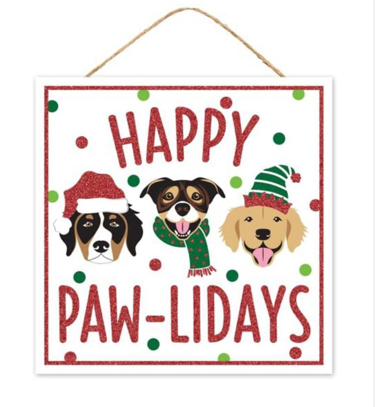 10" Square Happy Paw-Lidays Christmas Dog Wreath Sign