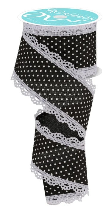 Wired Black and White Swiss Dot Ribbon with White Lace Edge-2.5”x10 Yards