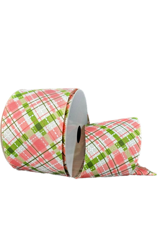 10 Yards - 2.5" Wired Coral, Green, and White Diagonal Cabot Printed Plaid Ribbon