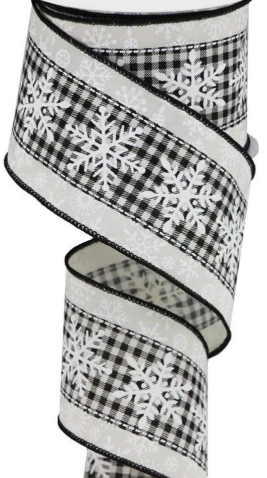 10 Yards - 2.5" Wired White and Black Check with Snowflake Ribbon