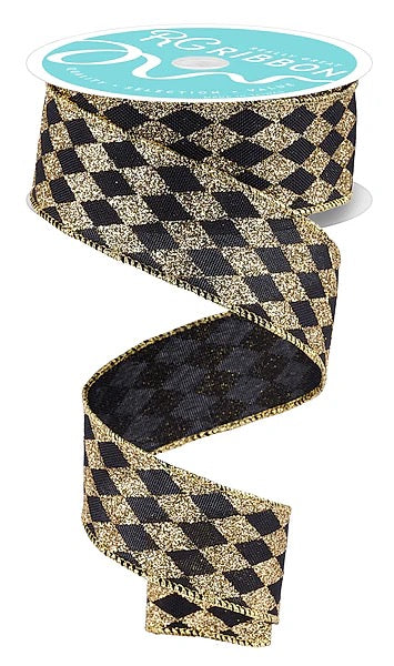 Wired Black and Gold Harlequin Ribbon- 1.5”x10 Yards