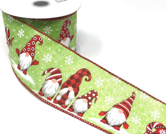 10 Yards - 2.5" Wired Lime Background Christmas Gnome Ribbon