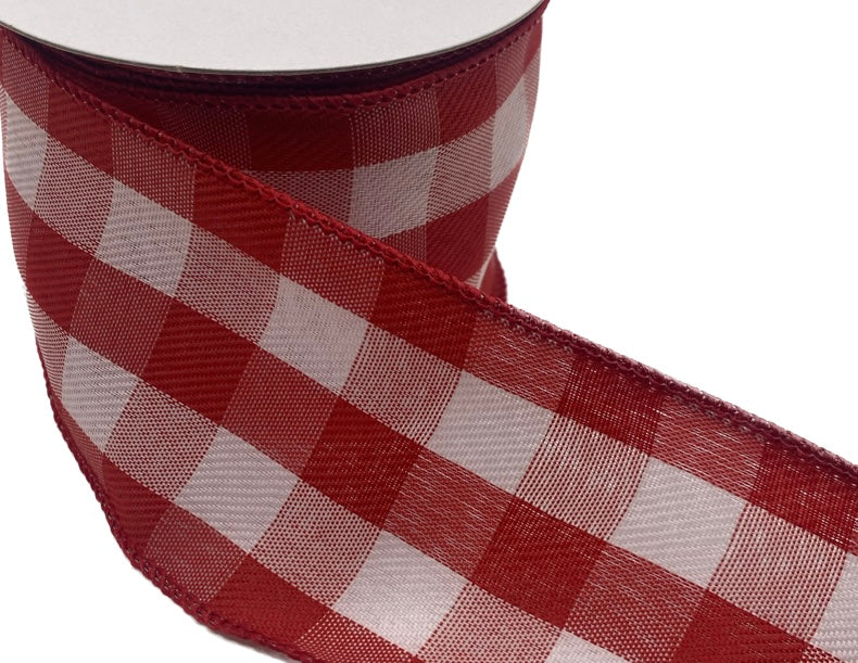 10 Yards - 2.5" Wired Red and White Buffalo Plaid Ribbon - Christmas Ribbon