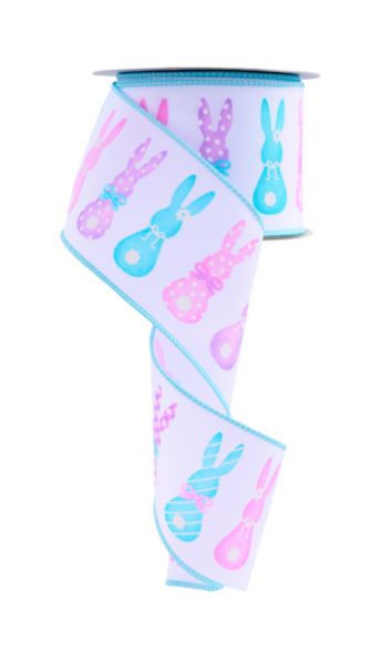 10 Yards - 2.5” Wired Easter Bunny Silhouette White Background Ribbon