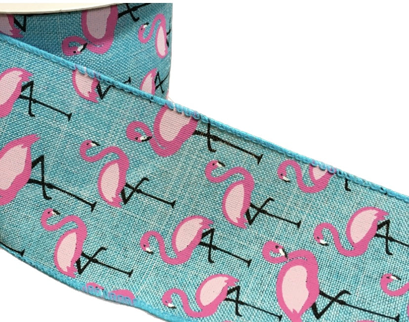 10 Yards - 2.5” Wired Turquoise Background Pink Flamingo