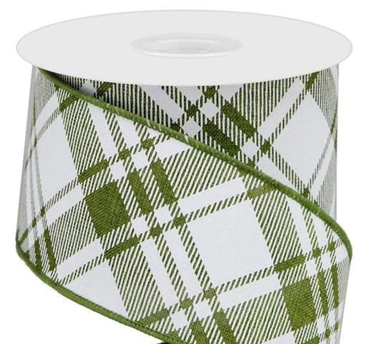 10 Yards - 2.5" Wired Green and White Diagonal Cross Check Ribbon