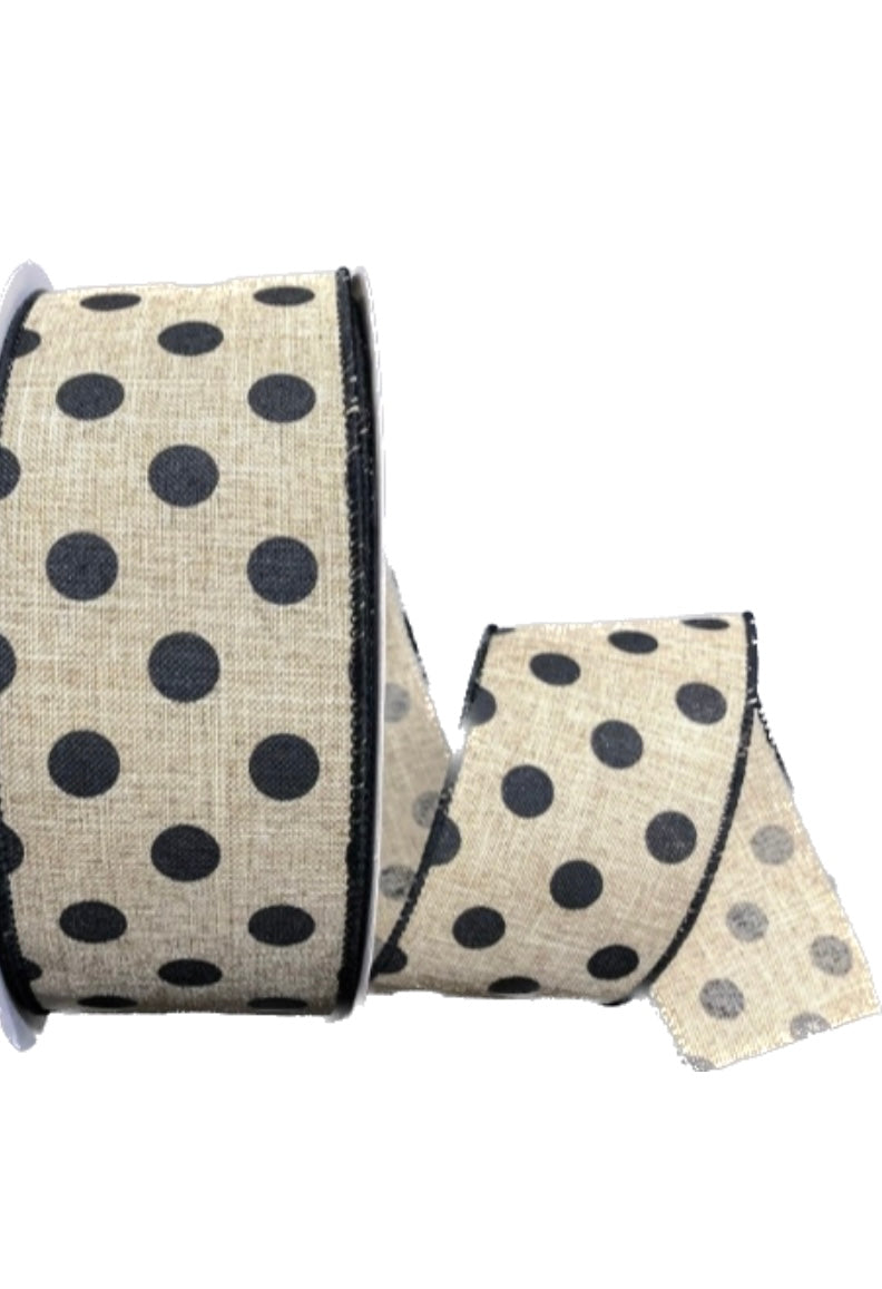 50 Yards - 2.5” Wired Natural Background with Black Polka Dots Ribbon