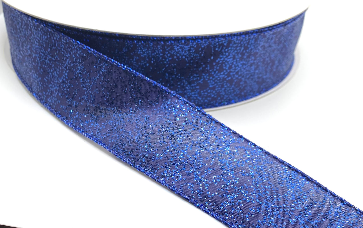 50 Yards - 1.5” Wired Satin Navy Glitter Ribbon