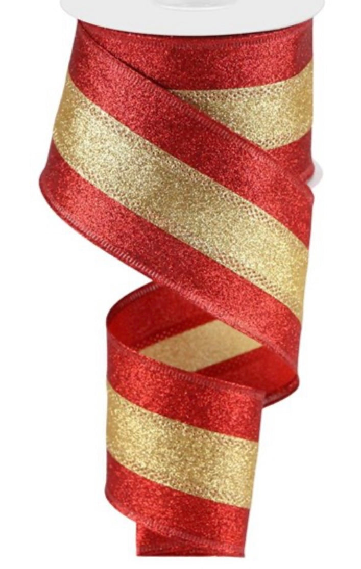 10 Yards - 2.5" Wired Red and Gold Stripe Heavy Glitter Ribbon