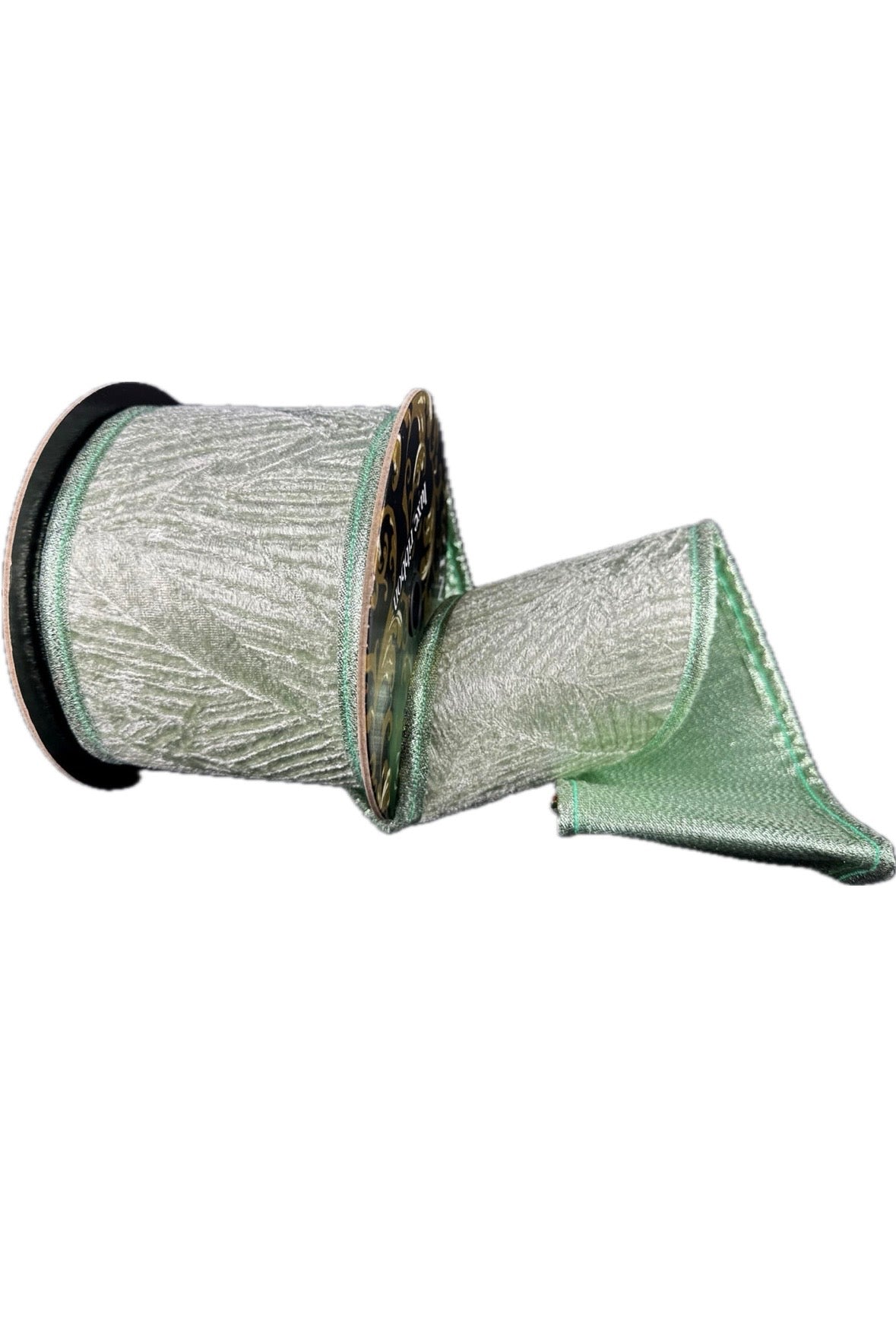 Wired Sage Leaf Pressed Velvet/Mint Metallic Back/Puffy Edge Ribbon- 4”x5” Yards