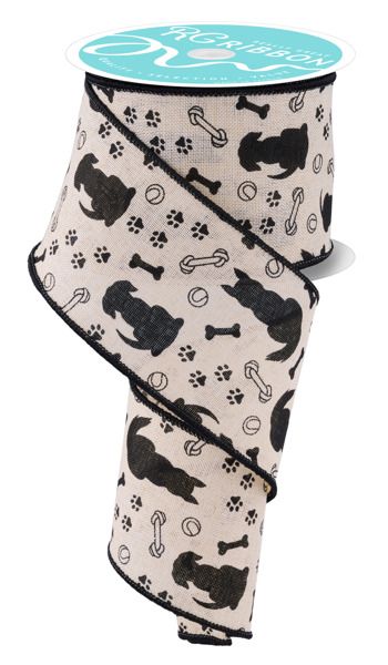 Wired Dog, Bone and Paw Print Natural Background Ribbon- 2.5”x10 Yards