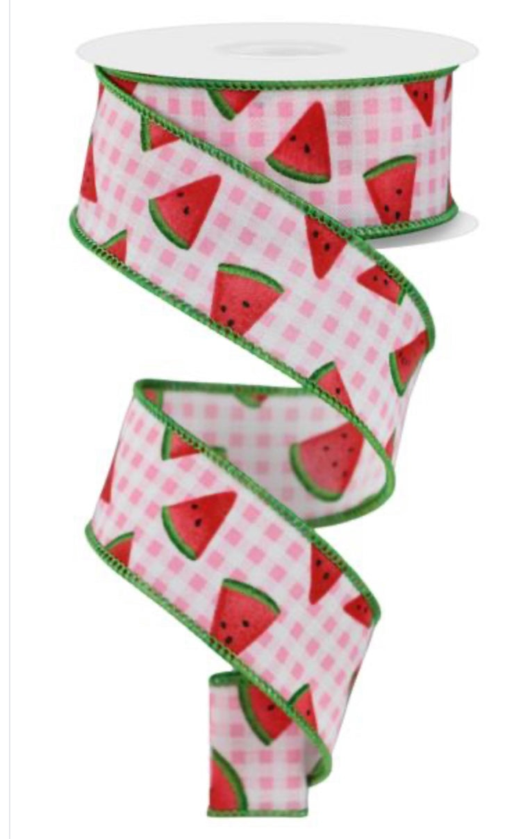 10 yards - 1.5” Watermelon Slices on Pink and White Gingham Background Ribbon