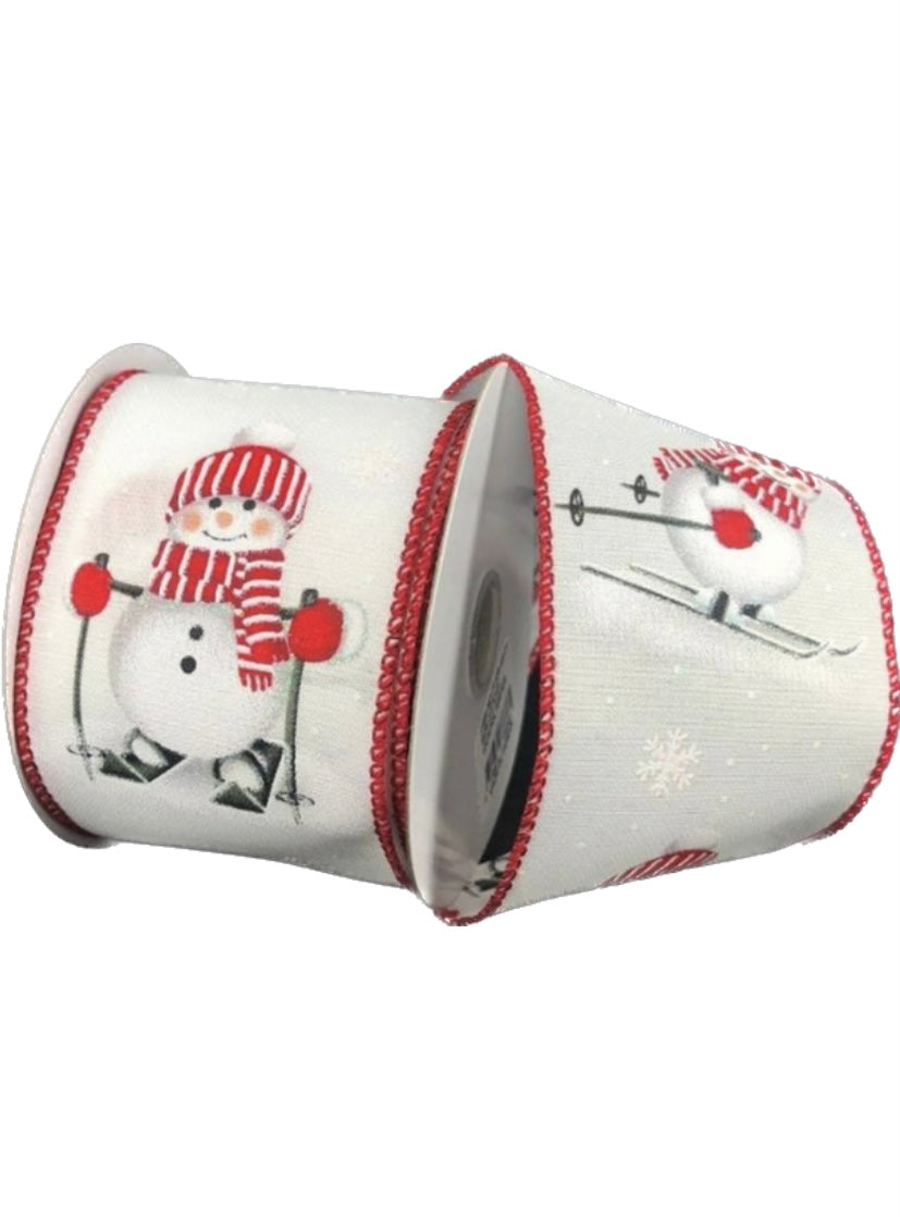 10 Yards - 2.5” Wired White and Red Skiing Snowman Ribbon