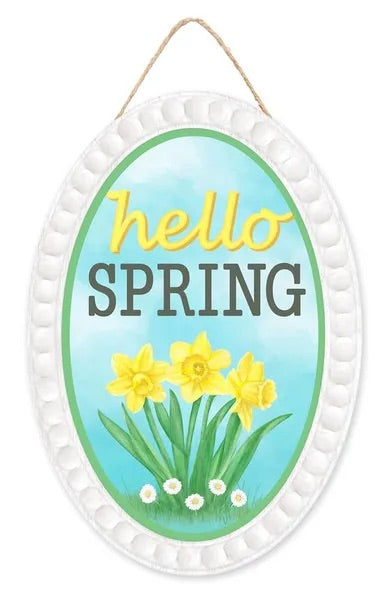 13”x9” Oval Hello Spring Daffodil Wreath Sign