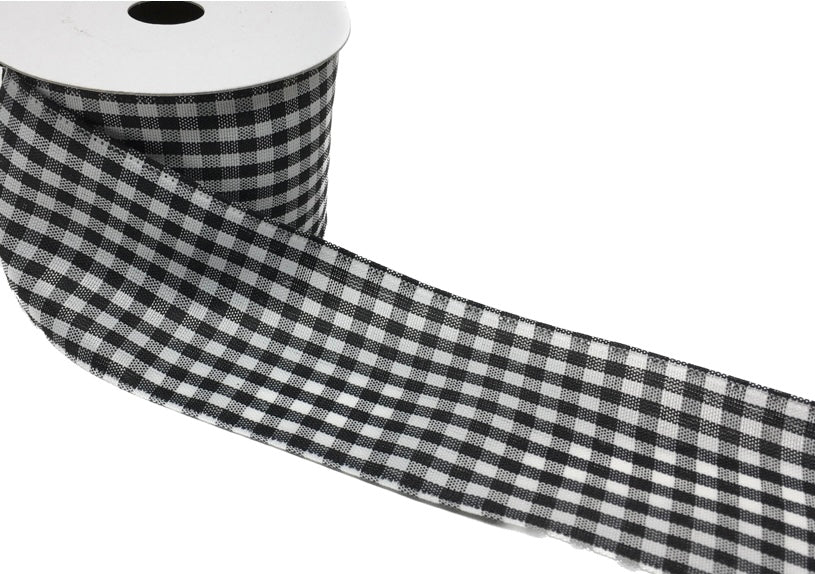 10 Yards - 2.5" Wired Black and White Gingham Check Ribbon