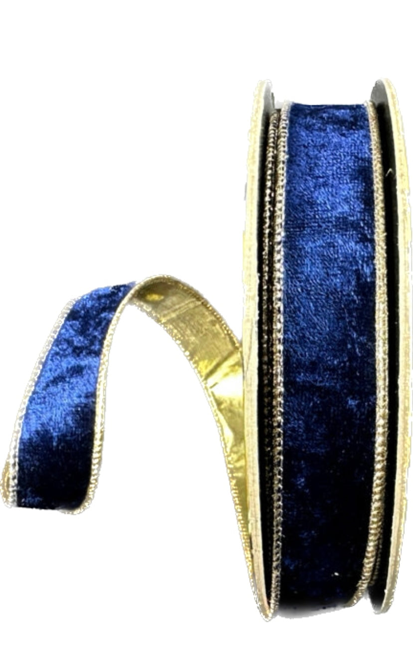 Wired Navy Lush Velvet Gold Metallic Back Ribbon- 1”x10 Yards