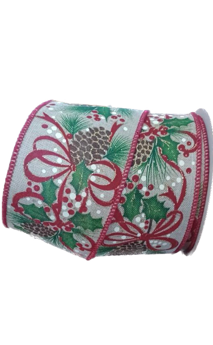 Wired Holly Berries And Bows Ribbon-2.5”x10 Yards