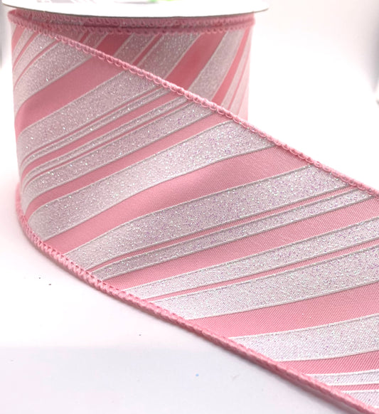 10 Yards - 2.5” Wired Pink and White Diagonal Stripe Glitter Accent Ribbon