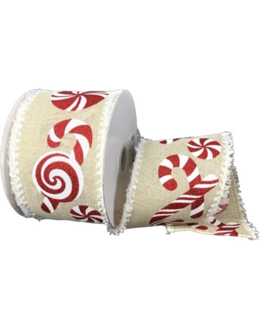 10 Yards - 2.5” Wired Peppermint Candy with Snowdrift Edge Christmas Ribbon