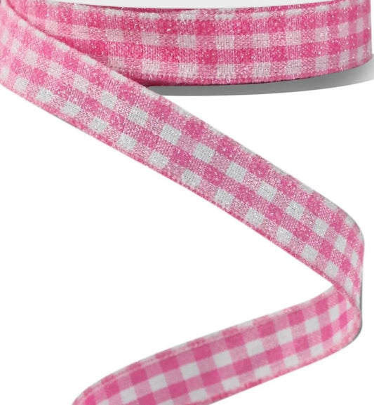 10 Yards - 5/8” Wired Pink and White Gingham Check Glitter Accent Ribbon