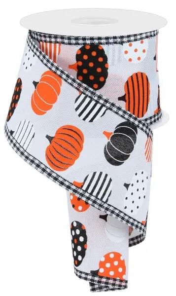 Wired White Background Pumpkin Ribbon with Black and White Gingham Border - Fall Ribbon - Halloween Ribbon-2.5”x10 Yards