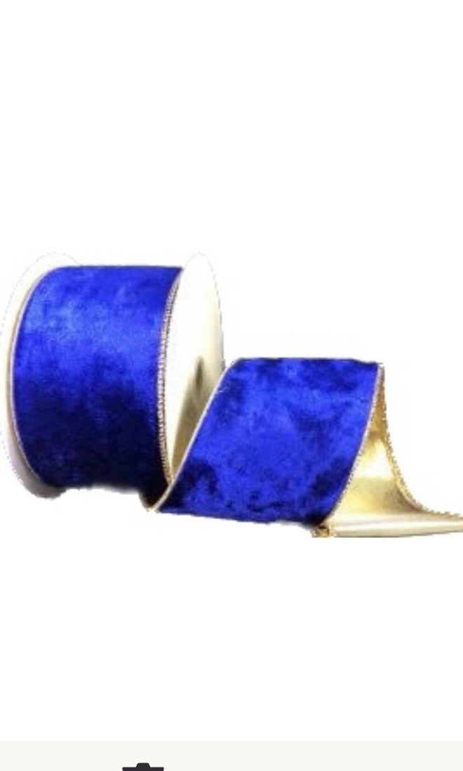 Wired Deep Blue Crushed Velvet Gold Trim Christmas Ribbon- 2.5”x10 Yards