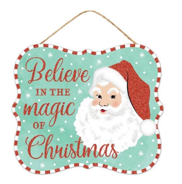 10.5”x9” Blue Believe in the Magic of Christmas Santa Wreath Sign with Glitter Accent