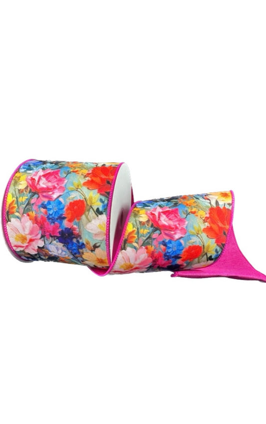 Wired Double Sided Oil Painting Flowers- Fuchsia Linen Back Ribbon- 4”x10 Yards