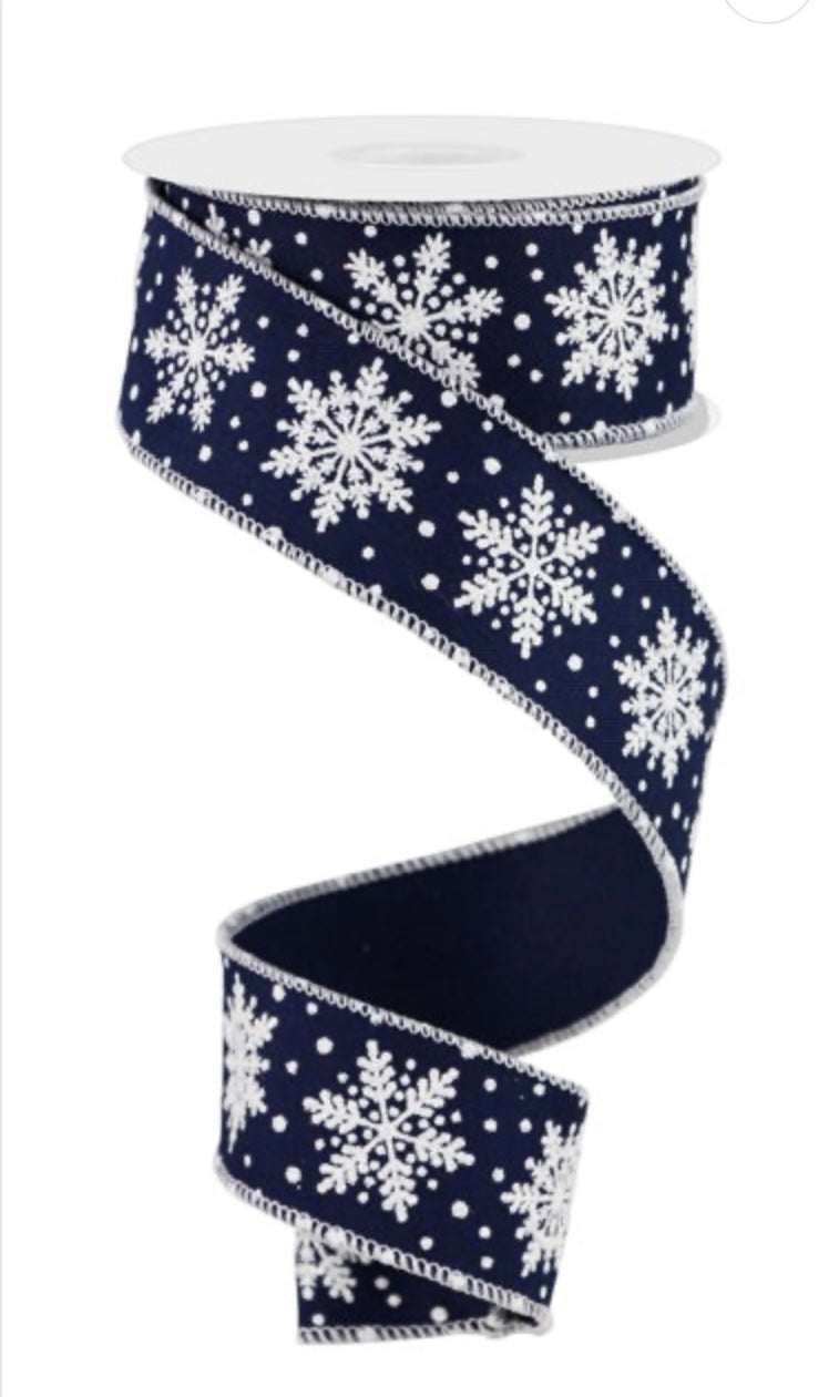 Wired Navy and White Glitter Winter Snowflake Ribbon