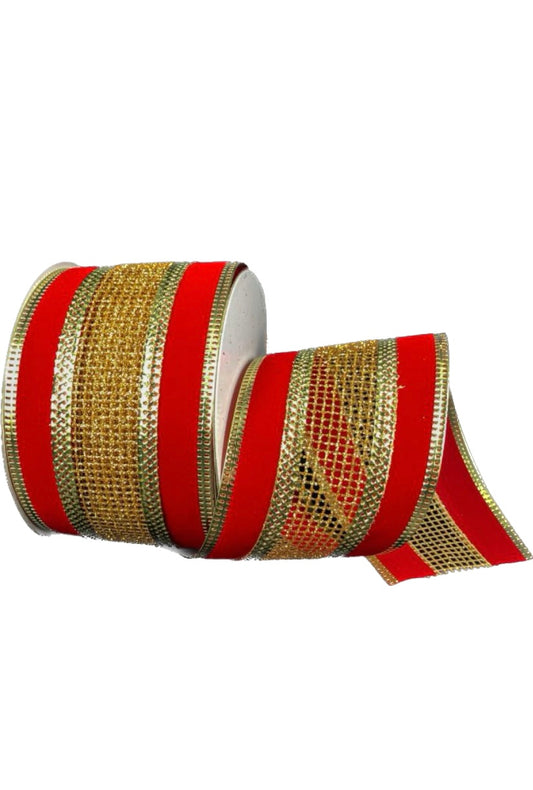 Wired Gold Glitter Net with Gold Metallic Red Velvet Edge Ribbon-2.5”x10 Yards