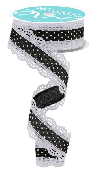 10 Yards - 1.5” Wired Black and White Swiss Dot Ribbon with Lace Edge