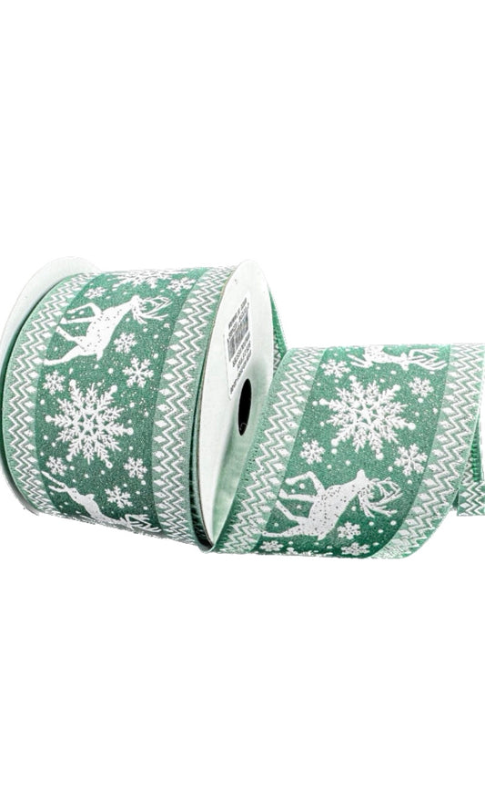 Wired Sage Satin Deer in Snow Sweater Edge Ribbon- 2.5”x10 Yards