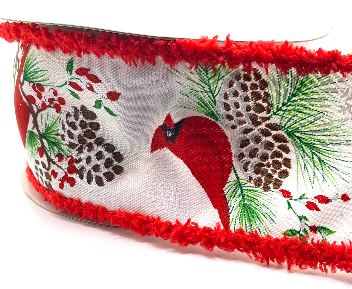 10 Yards - 2.5” Wired Snowy Red Cardinal Winter Ribbon with Glitter Accent and White Drift Edge