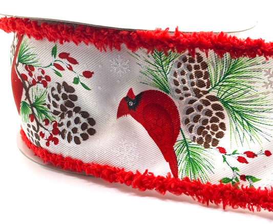 10 Yards - 2.5” Wired Snowy Red Cardinal Winter Ribbon with Glitter Accent and White Drift Edge