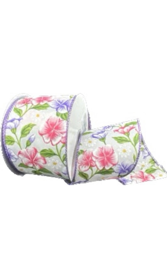 Wired White Satin Purple Geraniums-White Daisies Flower Ribbon- 2.5”x10 Yards