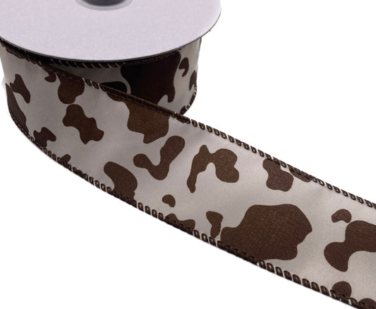 10 Yards - 1.5" Wired Brown and Cream Cow Print Ribbon