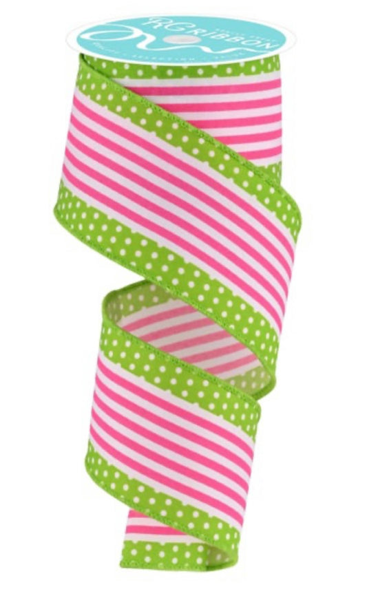10 Yards - 2.5" Pink Stripes and Polka Dots on Lime Green Ribbon