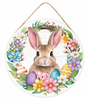 10.5” Round Bunny W/Florals Egg Sign Wreath Sign