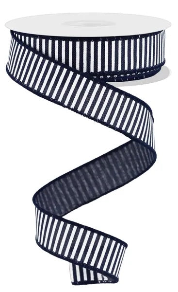 Wired Navy Blue and White Horizontal Stripe Ribbon- 7/8”x10 Yards