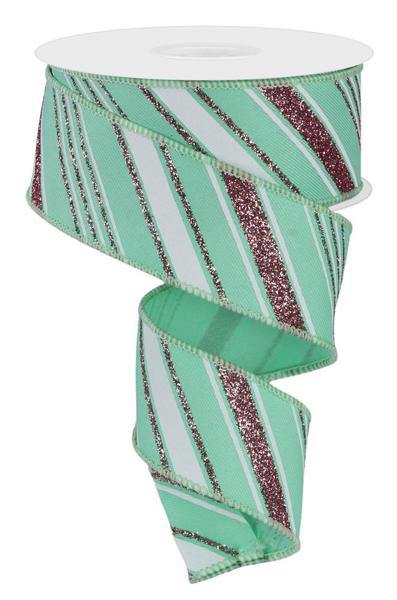 Wired Mint Green, White, and Pink Glitter Swirl Stripe Ribbon- 1.5”x10 Yards