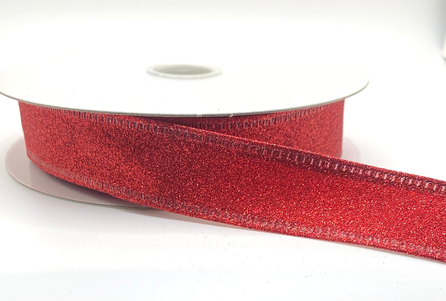 10 Yards - 7/8" Wired Red All Flat Glitter Ribbon