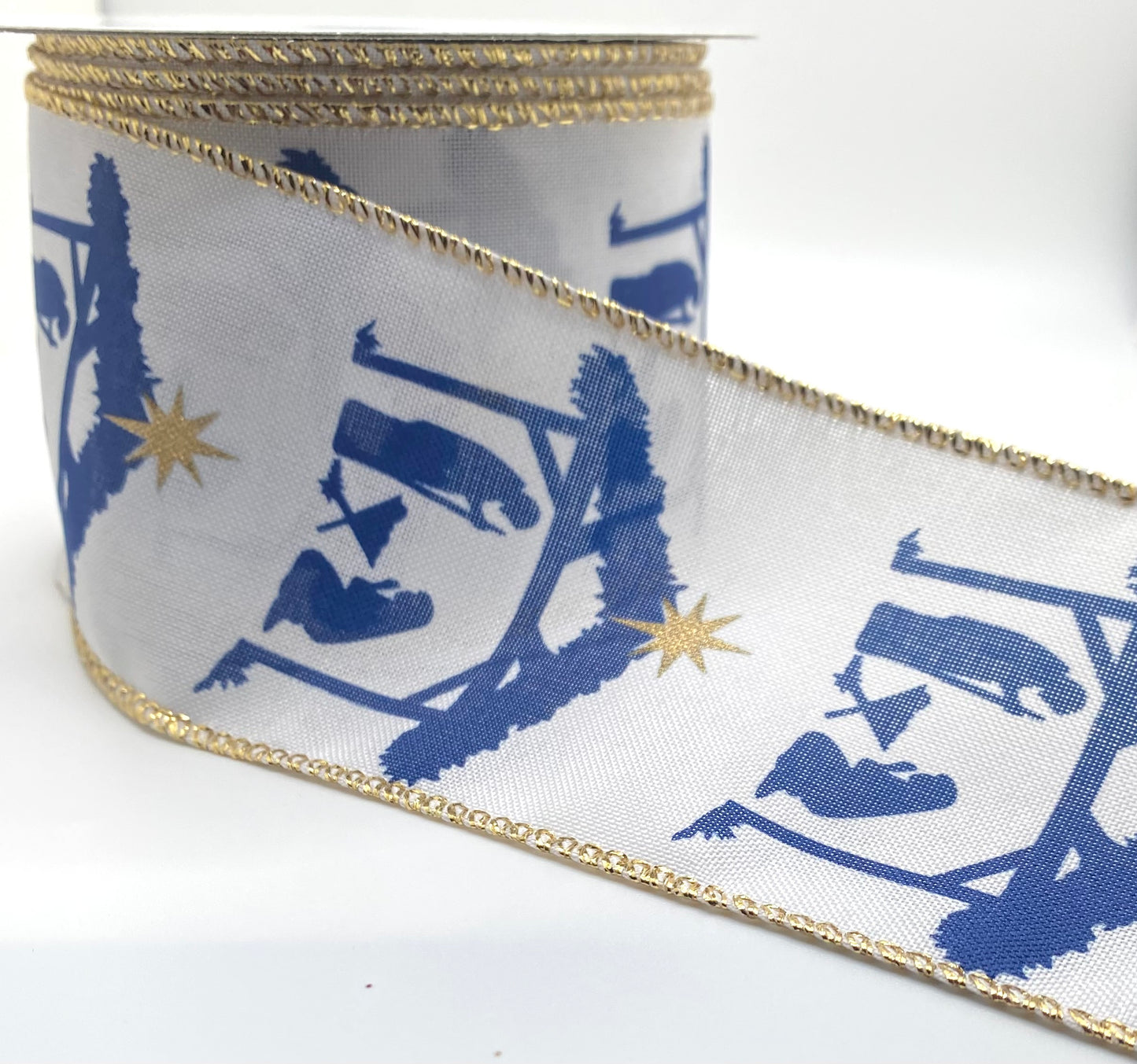 10 Yards - 2.5” Wired White Satin Navy Gold Nativity Scene Ribbon