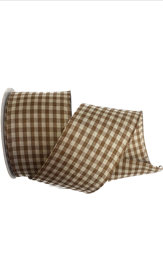 Wired Brown and White Gingham Check Ribbon-2.5”x10 Yards
