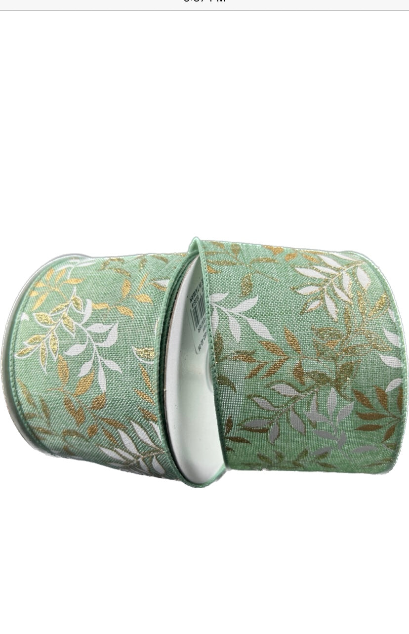 Wired Mint Linen Pressed Branches Ribbon-2.5”x10 Yards