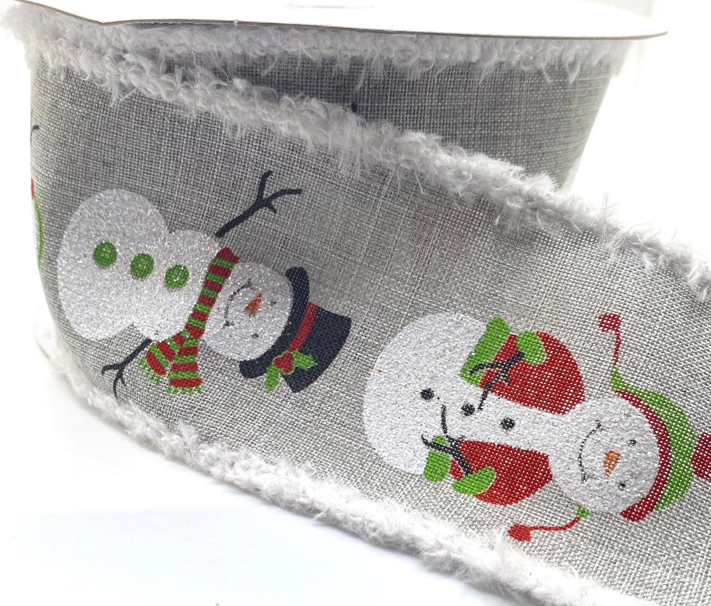 2.5”x 10 Yards- Snowman Ribbon on Gray Background with Snowdrift Edge