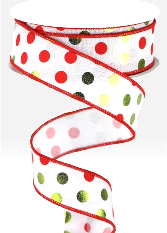 10 Yards - 1.5” Wired Lime Green and Red Polka Dot Ribbon