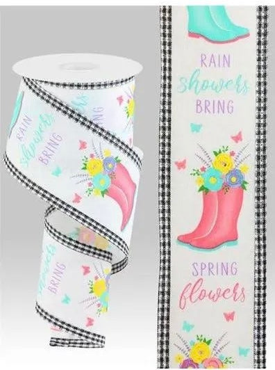 10 Yards - 2.75” Wired Floral Rain Boot Ribbon with Check Edge